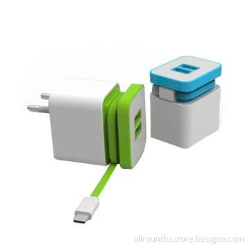 USB Wall, 2-USB Output with Built-in Micro Cable/Charger for iPhone 5S/Samsung Note 3